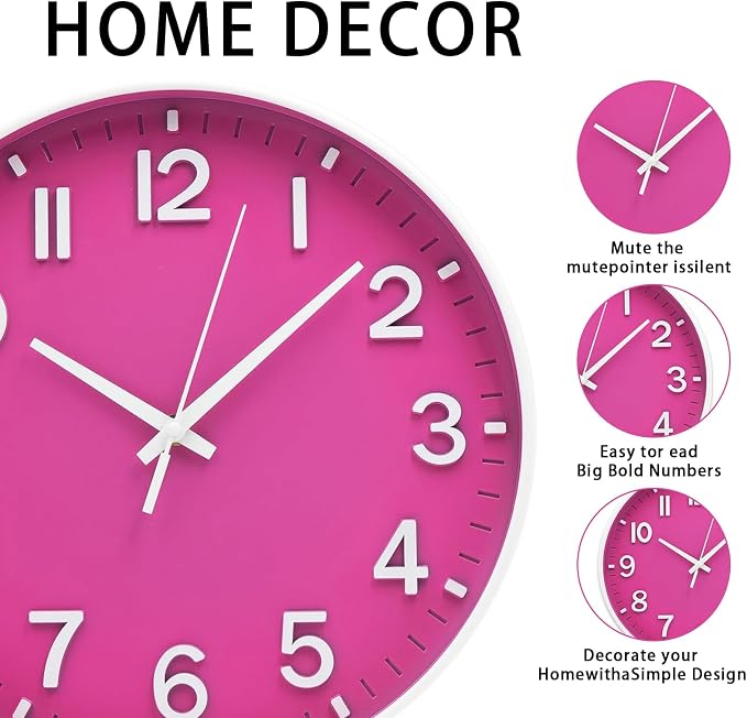 HZDHCLH 12 Inch Silent Wall Clock Battery Operated Non Ticking Rose Red | Rose Red Modern Wall Clock for Living Room Bedroom Kitchen Office Decor