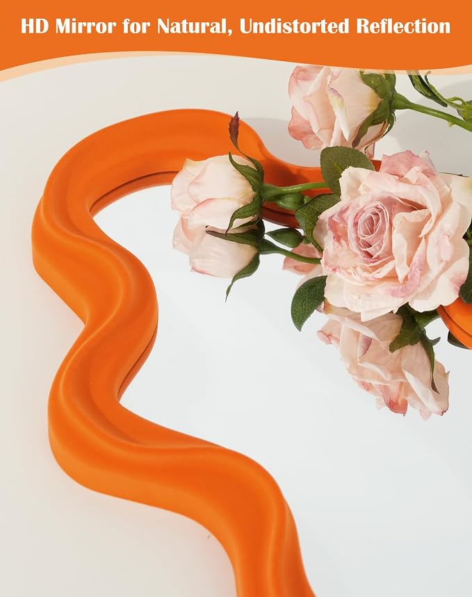 Small Decorative Mirror for Girly Bedroom Dresser Decor, Vivid Abstract Wavy Wall Mirrors for Home Aesthetic Book Coffee Shop Hotel Decoration, Unique Gift for Birthday Thanksgiving (Orange)