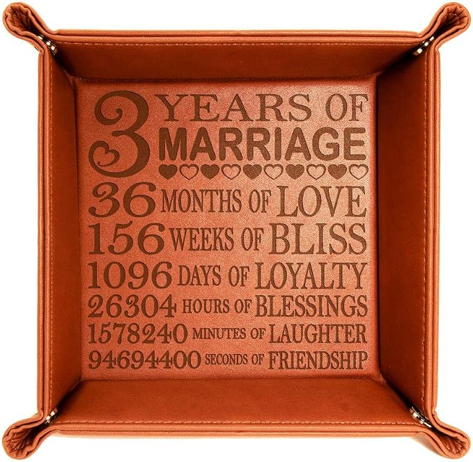 Kate Posh - 3 Years of Marriage Engraved Leather Catchall Valet Tray, Our 3rd Wedding Anniversary, 3 Years as Husband & Wife, Gifts for Her, for Him, for Couples (Rawhide)
