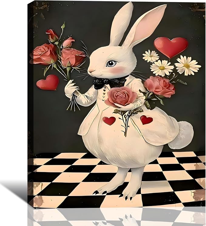 RIBNTAK Miss Rabbit with Rose Large Easter Wall Art 20x30, Sweet Spring Bunny Painting Canvas Prints for Mantle Decor, Bunny Pictures for Living Room, Kitchen, Holiday Home Decoration
