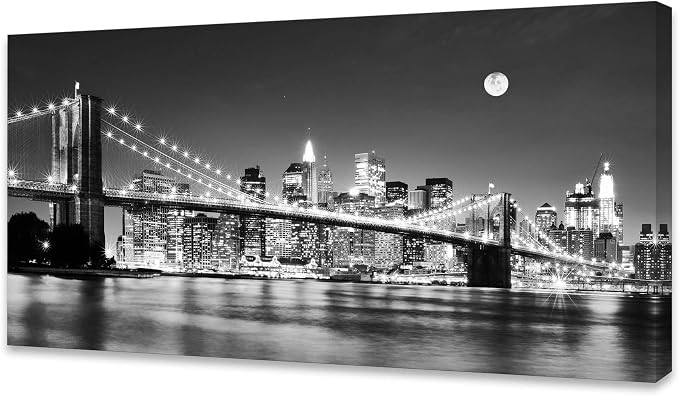Baisuart-Q30350 Brooklyn Bridge Night View 1 Panels Landscape Artwork Canvas Prints Moon Night New York City Scene Picture Paintings Black and white Wall Art for Oiffce Home Decorations Wall Decor