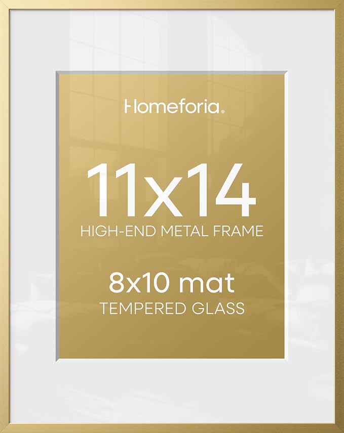 Homeforia 11x14 Gold Picture Frame, High-End Metal, 8x10 Mat, Glass