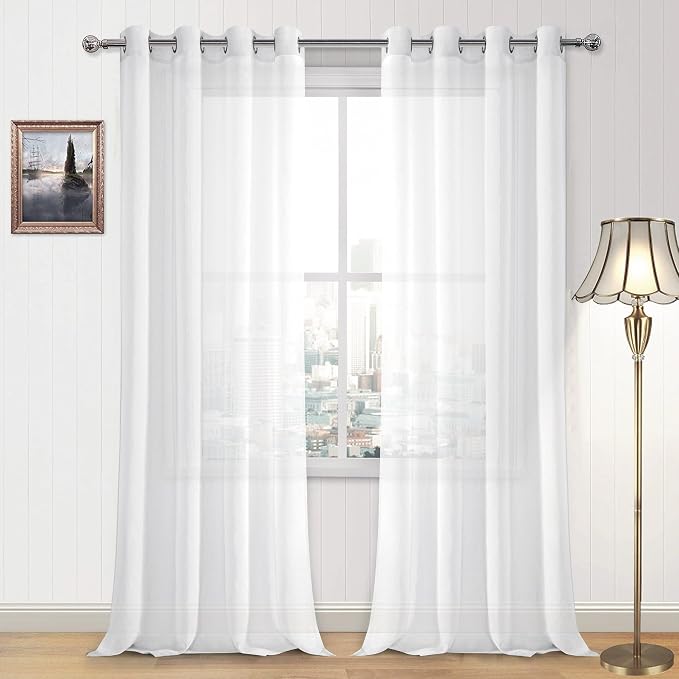 DWCN White Sheer Curtains for Living Room Bedroom - Faux Linen Look Voile Drapes Grommet Top Window Curtain Panel 52 x 120 Inches Long, Set of 2 Panels
