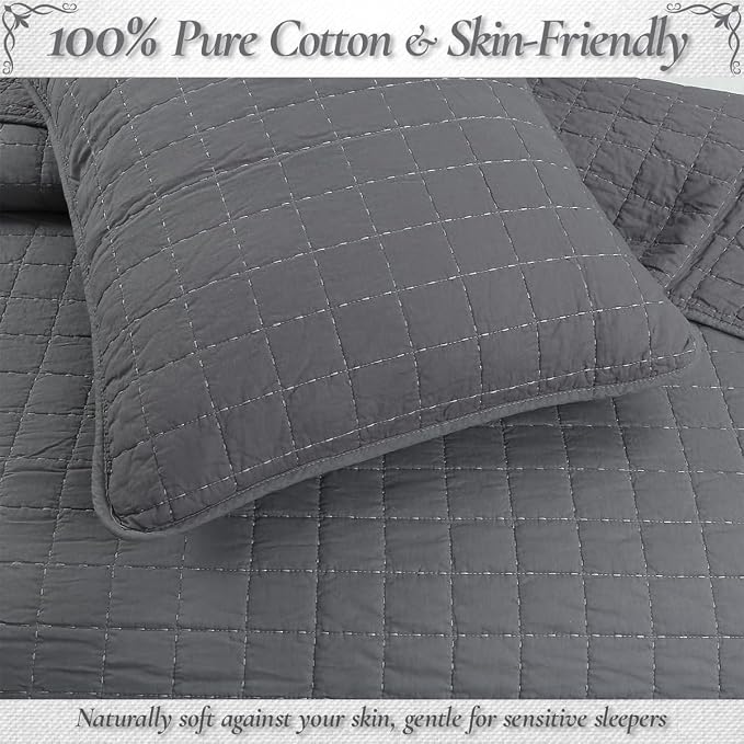 Cozy Line Home Fashions 100% Cotton Quilt Set – 3-Piece Charcoal Gray Solid Classic Modern Geometric Quilted Bedspread with Shams, Lightweight All Season Modern Bedding (Box Gray, King)