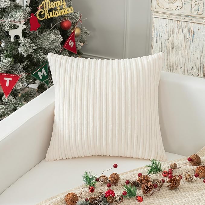 Kevin Textile Striped Corduroy 26”x26” Pillow Covers 2 Pack, Cream White