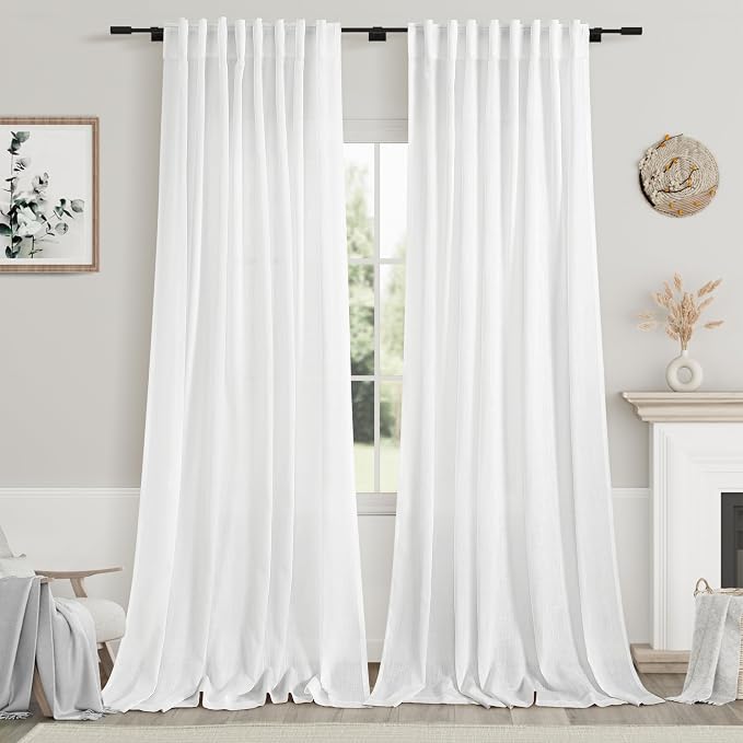 Semi Sheer Linen Curtains 90 Inches Long for Living Room 2 Panels Set Back Tab Rod Pocket White Tall Vertical Curtains Light Filter Privacy Curtain Drapes for Bedroom Aesthetic 60x90