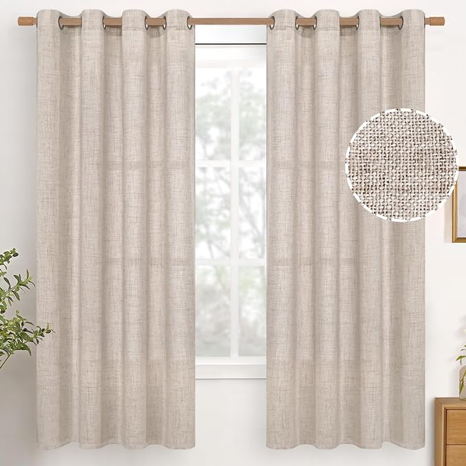 YoungsTex 68 Inch Length Linen Semi Sheer Curtains 2 Panels for Living Room | Light Filtering Textured Drapes with Bronze Grommet Beige Window Treatments for Bedroom Dining, 52 x 68 Inch