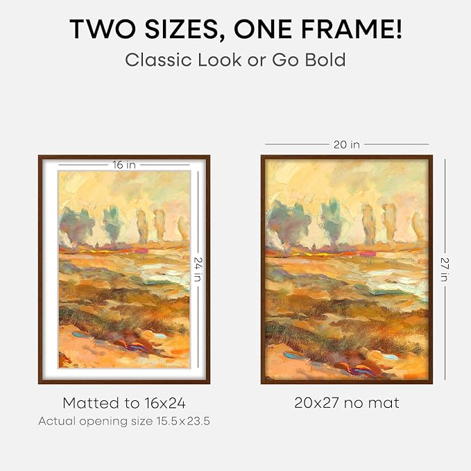 Homeforia 20x27 Brown Oak Picture Frame, High-End Wood, 16x24 Mat, Glass