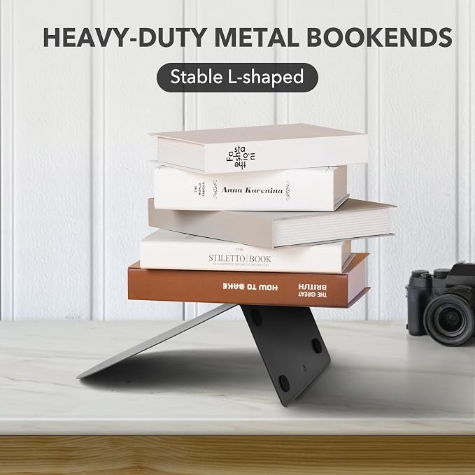 6Pcs Metal Bookends - Book Ends for Shelves, Black