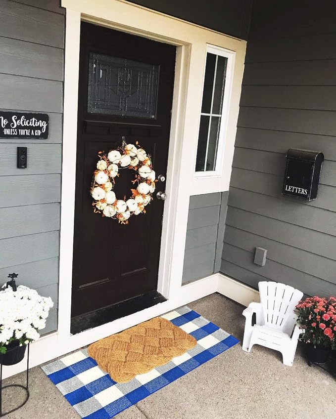 LEVINIS Farmhouse Doormats 51.2''x23.6''- Cotton Hand-Woven Blue Buffalo Plaid Outdoor Rug/Kitchen Rugs/Bathroom Rug/Laundry Room Rug, Front Porch Décor