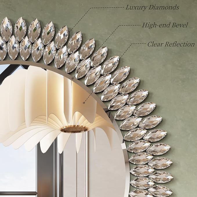 Kelly Miller 28" Jeweled Luxury Round Decorative Wall Mirror | Elegant diamond beveled vanity mirror. Perfect wall mirror for living room, bedroom, entryway.