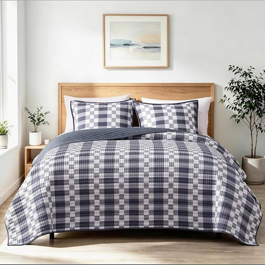 Queen Quilt-Lightweight Bedspread Plaid Quilt Queen Size Quilt Bedding Set | Navy Reversible Neutral Coverlet with 2 Shams for All Seasons, Suitable for Bed, Couch, 3 Pieces, 90"x94"