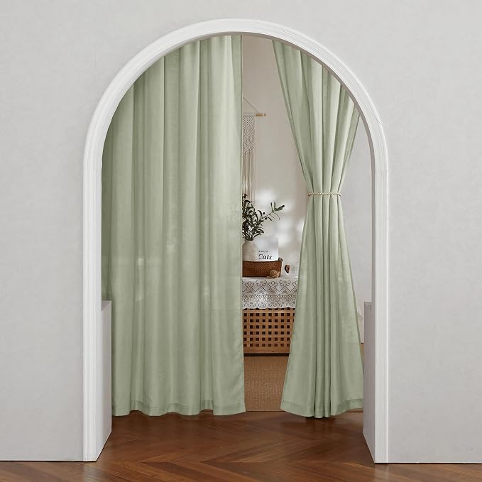 RYB HOME Linen Sheer Curtains 2 Panels for Living Room, Semi Transparent Privacy Drapes with Rod Pocket Farmhouse Style Window Treatments for Bedroom, Sage Green, 52" W x 84" L
