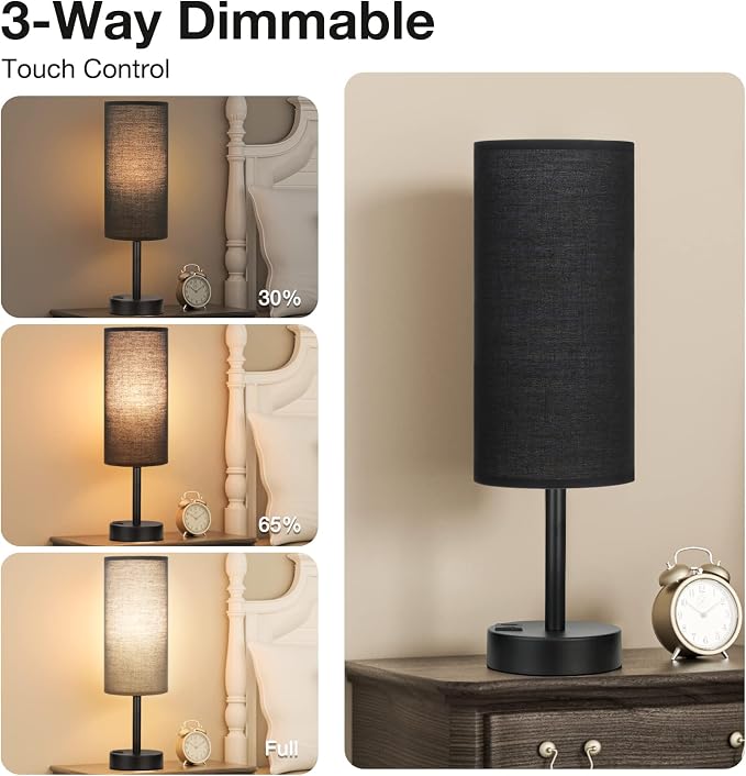 Black Touch Table Lamp for Bedroom - Small Bedside Desk Lamp for Kids
