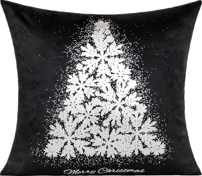 All Smiles Black Silver Christmas Throw Pillow Covers Decorations Cases 18X18 Set of 4 Winter Snowflakes Xmas Indoor Home Décor Velvet Navidad Cushion for Bed Sofa Couch Tree Reindeer