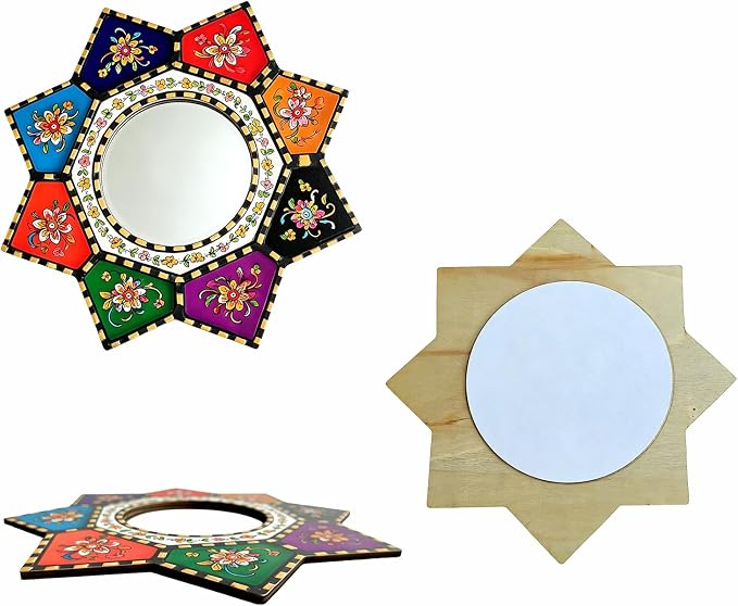 Starburst Decorative Wall Mirror Colorful Boho Moroccan Small Accent Mirror | Multicolor Painted Wood Framed Shatterproof Acrylic Adhesive Mirror Round Ethnic Wall Art Mirror for Entryway Hallway Bedroom