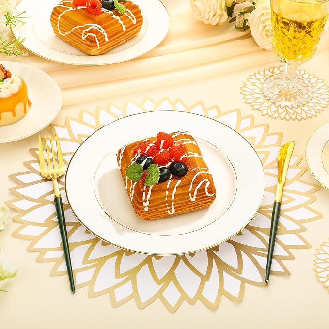 Geosar 200 Pcs Gold Round Disposable Paper Placemats Set 13 Inch | With Coasters for Drinks, Charger Size Fits Plates, Summer Hawaiian Luau Placemat for Wedding Bridal Shower Birthday