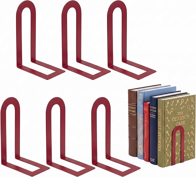 Sanwarm Bookends, 6 Pcs, Metal, for Home Office Desk Shelves Modern Red | Metal Decorative Book Ends Non-Skid Book Stoppers Holder 3 Pair Gifts for Reading Enthusiasts Library Decor