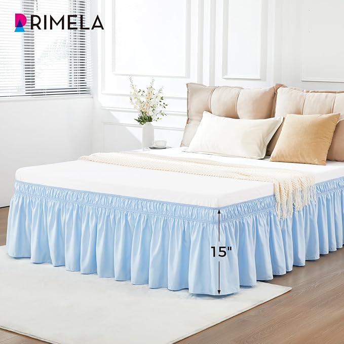 Light Blue Bed Skirt Queen Size 15" Drop, Elastic Wrap Around Bedskirt | Solid Ruffled, Easy to Use, No Mattress Lifting, Wrinkle & Fade Resistant, with Adhesive Strips, Machine Wash/Dry/Iron