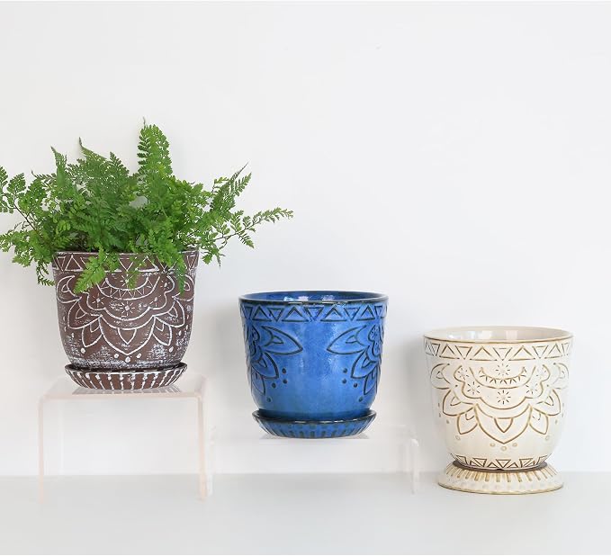 Gepege Ceramic Plant Pots, 6 Inch Indoor Planters with Drainage & Saucers | Ceramic pots for plants with drainage holes, ceramic saucers and mesh pads, ideal for flowers, herbs and succulents, set of 2