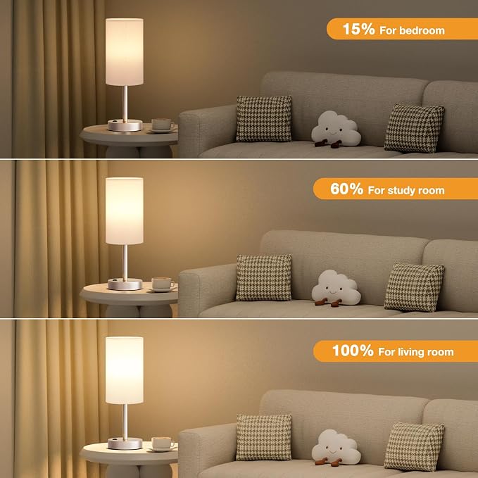 17.4" Antique White Lamp for Bedroom - Dimmable Touch, USB A+C, AC Outlet