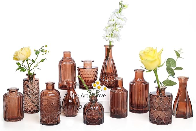 TBWIND 12-Piece Glass Bud Vase Set – Small Caramel Coffee Brown | Etched Glass Vases with Unique Shapes and Weighted Base for Windowsills, Bathrooms, and Table Centerpiece Décor