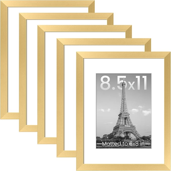 upsimples 8.5 by 11 Picture Frame, Gallery Wall Frames Set of 5, Gold | Photo Frame Collage Wall Decor, 6x8 Picture Frame with Mat for Family, Wedding, Certificate, Diploma, Graduation, Christmas