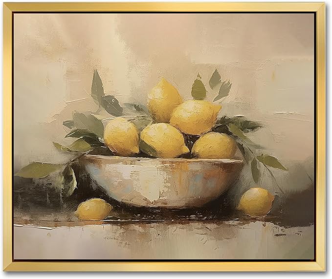 AIMAILON Framed Yellow Lemon With Leaf Pattern, Static Plant Artwork 8x10 | golden frame, expressive brushstrokes, easy to hang, kitchen decoration