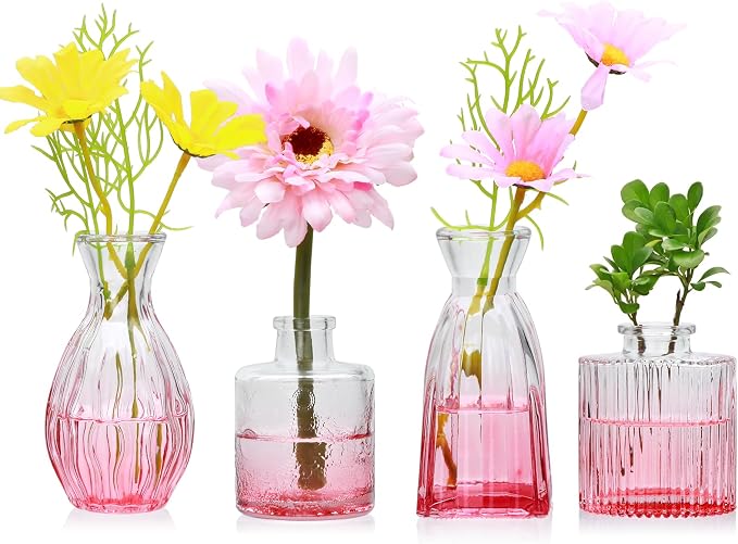 Glass Bud Vases Set of 4, Small Pink Flower Vases for Wedding Centerpieces | Clear Vintage Embossed Mini Vases for Table Decorations, Flower Arrangements in Vases for Party or Home Decor