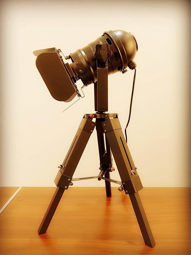 Vintage Black Retro Tripod Adjustable Table lamp,Nautical Teatre Retro Spotlight,Industrial Decor Wooden Light Fixtures,Cinema Movie Props for Living Room Bedroom Office bar Lighting,No Bulbs