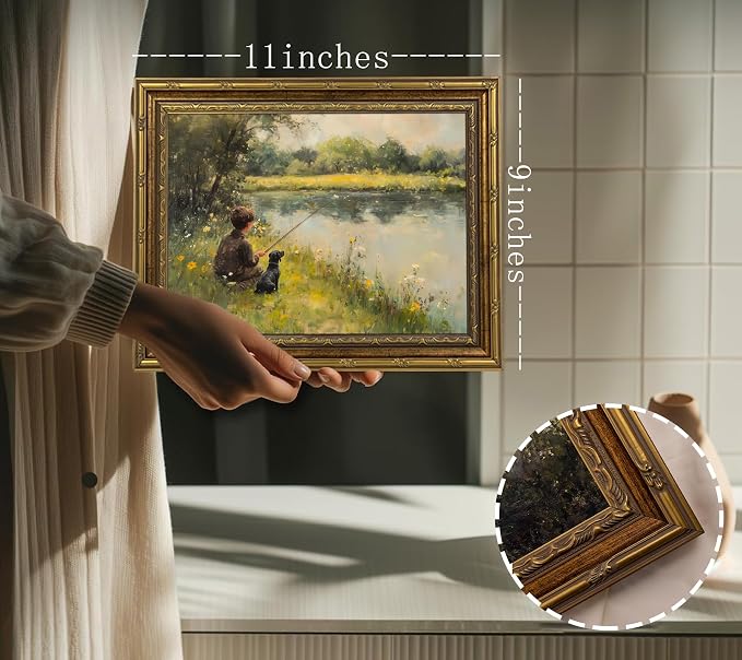 Vintage Gold Framed Wall Art Boy Fishing Country Painting Picture Peaceful Lake Landscape With Dog Wall Decor Rustic Farmhouse Poster Print for Nursery Living Room Bedroom 9x11in