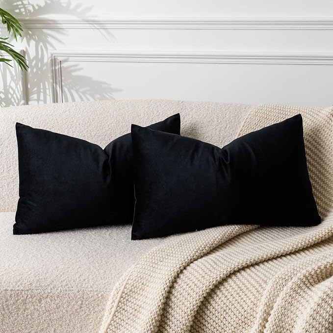 12x20 Lumbar Velvet Throw Pillow Covers Set of 2 for Couch Sofa Bed,Black