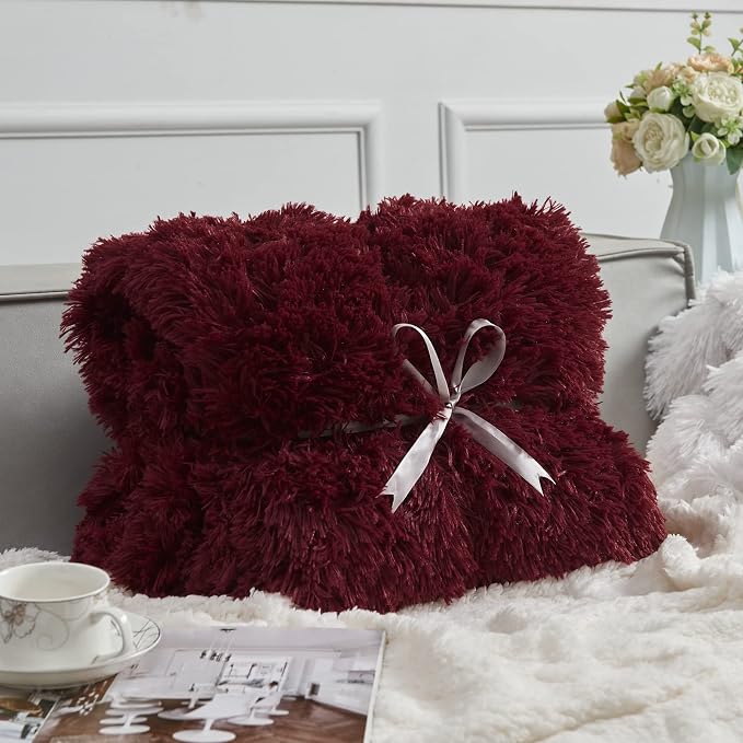 GONAAP Fuzzy Faux Fur Queen Blanket for Couch, Wine Red, 90"x90" | Warm Cozy Plush Shaggy Decorative Reversible Thick Non-Heated Fleece Blanket for Sofa Bed, Gift for Women Men, All Season Use