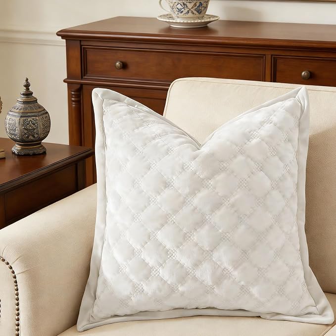 Throw Pillow Cover 18x18 1 Piece Velvet Square Pillowcase Soft Skin-Friendly Cross Process Decorative Farmhouse Cushion Covers for Couch Sofa Bedroom Living Room,Ivory White