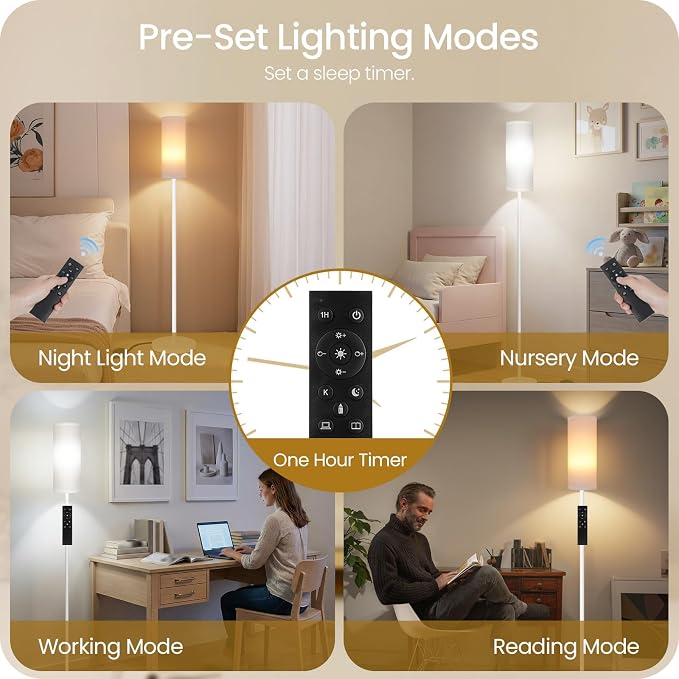 White Dimmable Floor Lamps for Living Room with Remote and Foot Switch, 64.4” Modern Standing Tall Lamp, Corner Lamp for Bedroom, Office, Bulb Included, 3000K-6500K, FCC Listed WCW06LD05W1