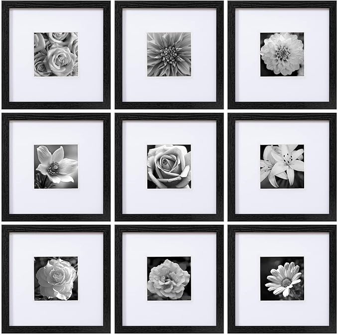 eletecpro Picture Frames Set of 9, 10x10 in, Acrylic Cover, Black | Display Photo 5x5 with Mat or 10x10 without, Square Gallery Collage, Wall Mount, Minimalist Home Decor, Engineered Wood