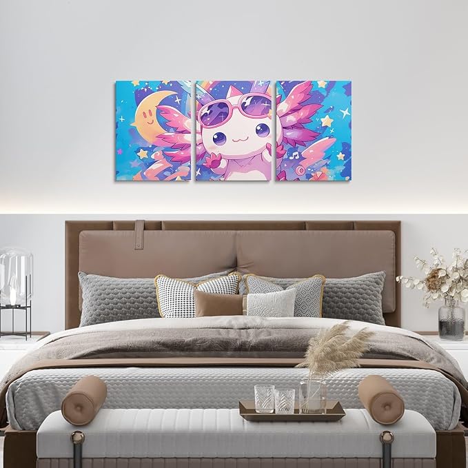 Feelyou Boys Girls Axolotl Wall Painting Posters and Prints Cute Axolotl Picture Wall Decor Salamander Canvas Wall Art for Bedroom Kids Ocean Animal Teens Wall Art Room Decor 12"x16"x 3Pcs