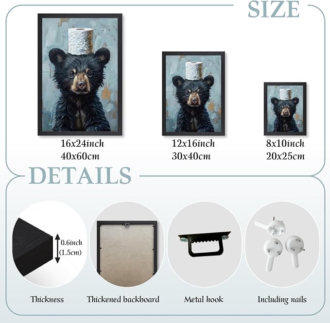 LLEEMPI Funny Black Bear Toilet Paper Bathroom Wall Art,16x24 Framed Print | Vintage blue and black rustic humor decor for restroom, hallway or cabin; housewarming gift for bear and animal lovers.