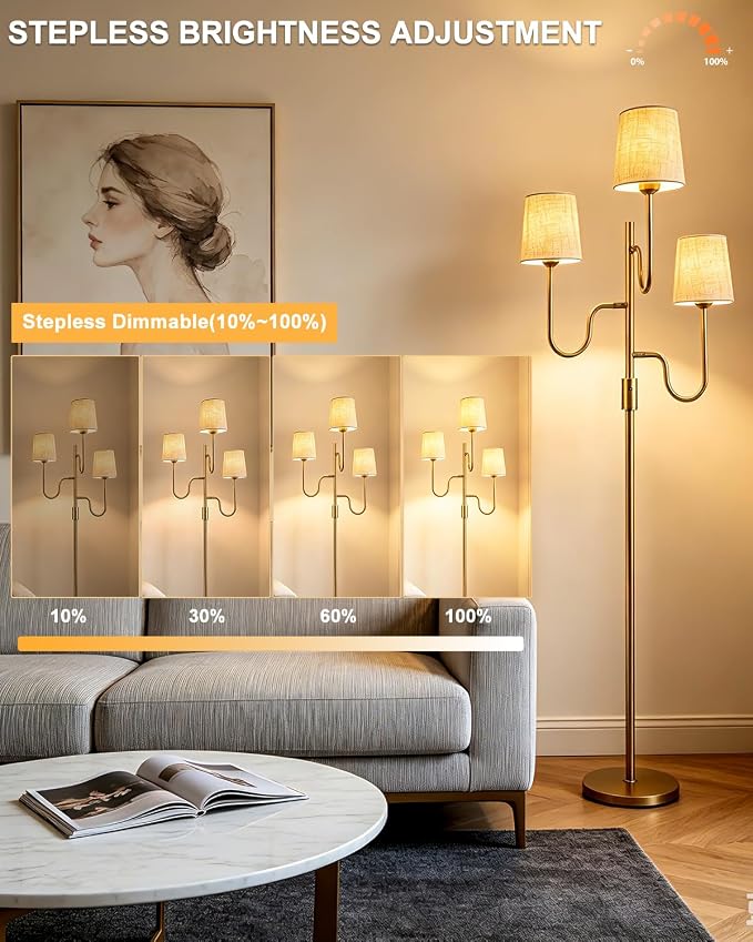 Lightdot 68IN Gold Floor Lamp Dimmable 3-Lights LED Floor Lamps with Cone Fabric Shade& Warm White Bulb for Wedding/Party 3-Arm Standing Tall Lamp for Living Room/Bedroom/Sofa Beside/Corner Decor