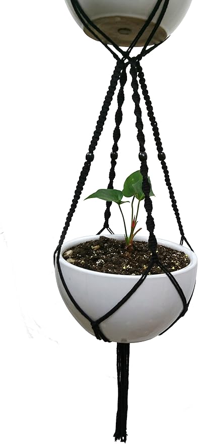 Macrame Plant Hanger & Holder, Hanging Planter 4 Legs Double Deck for 8 inch to 10 inch Two Pots Indoor Outdoor Hanging Planter Cotton Rope 67 Inch with Metal Ring (Cotton-Black)