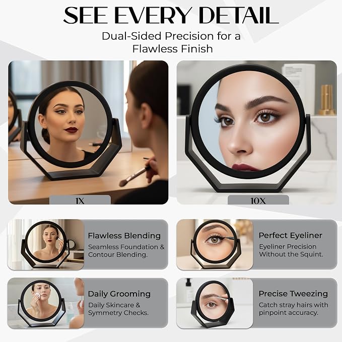 Danielle Creations Round Soft Touch Vanity Mirror, Black Matte, 1X/10X Magnifying Makeup Mirror, Tabletop & Desk Mirror for Bathroom, Bedroom, Portable Beauty Use