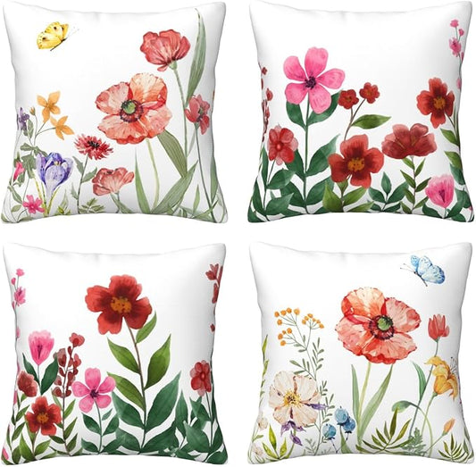 Spring Floral Throw Pillow Covers 18x18 inch Set of 4 Butterfly Pillow Cases Wildflower Farmhouse Decorative Cushion Covers for Sofa Couch