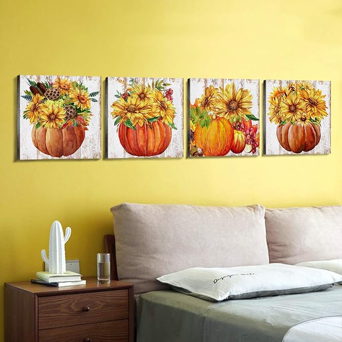 Fall Wall Art Rustic Pumpkin Pictures for Kitchen Farmhouse Sunflower Wall Decor Living Room Autumn Harvest Painting Canvas Prints Artwork Halloween Dining Room Thanksgiving Home Decorations 12x12" 4P