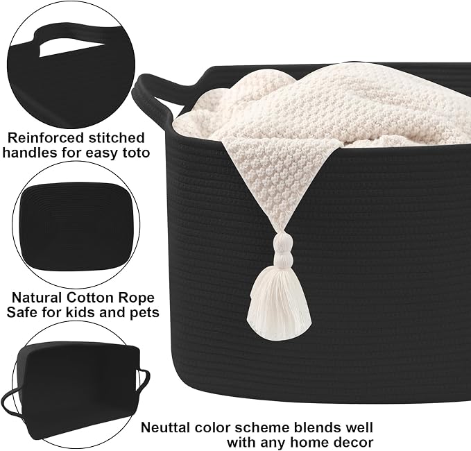 65L Large Laundry Basket with Handles,Woven Blanket Basket,Black | 21"×16"×12" Collapsible Cotton Rope Storage Basket for Toys Clothes & Pillows, Nursery, Bathroom, Bedroom, Living Room