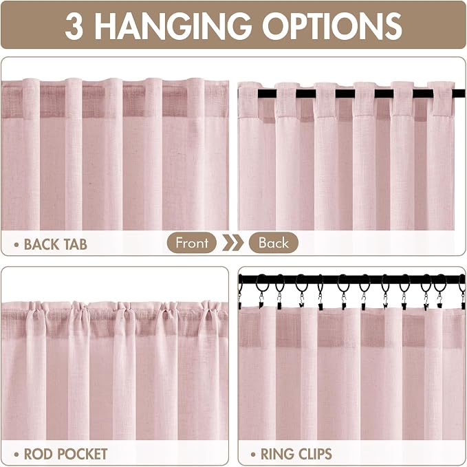 MIULEE Pink Back Tab Linen Curtains 4 Panels 42W x 108L | Linen material, light filtering, rod pocket back tab hanging, farmhouse decor for living room bedroom