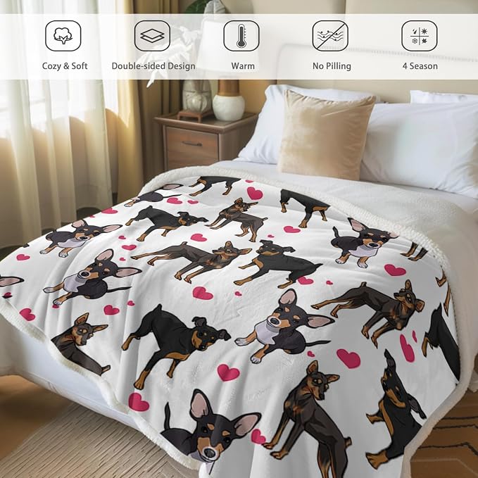 BlessLiving Red Hearts Dog Cat Print Plush Blanket Cute Puppy for Kids Adults 3D Animal Print Plush Blanket Gift for Pet Lovers (Miniature Pinscher,Throw, 50 x 60 Inches)
