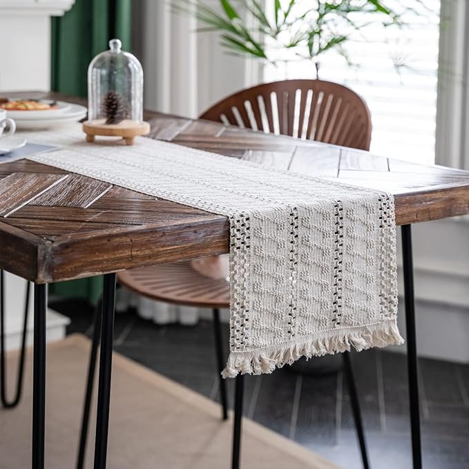 Macrame Table Runner Cream Beige Boho Table Runners with Tassels 12x36in | Alynsehom Hand Woven Cotton Table Runner Rustic Farmhouse Table Runners for Bohemian Kitchen Dining Table