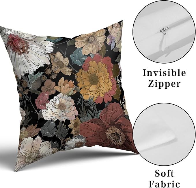 Giwawa Black Boho Flower Pillow Covers 18x18in Set of 2 Rustic Chic Floral Decorative Cotton Pillow Cases Vintage Botanical Plant Throw Cushion Covers for Sofa Couch Patio Indoor Outdoor