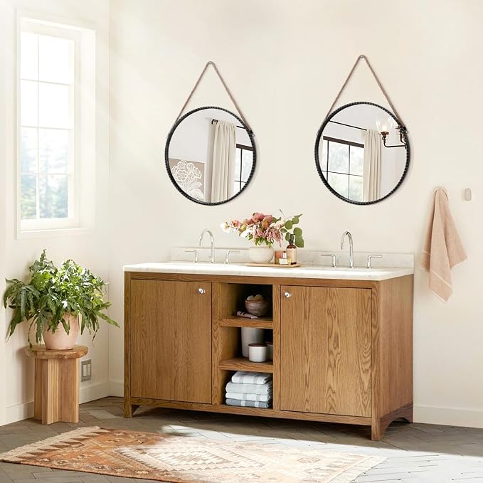 Wall Hanging Mirror with Round Metal Framed Black Beaded Circle Mirrors for Bedroom Bathroom Living Room Home Entryway Decorative 16"