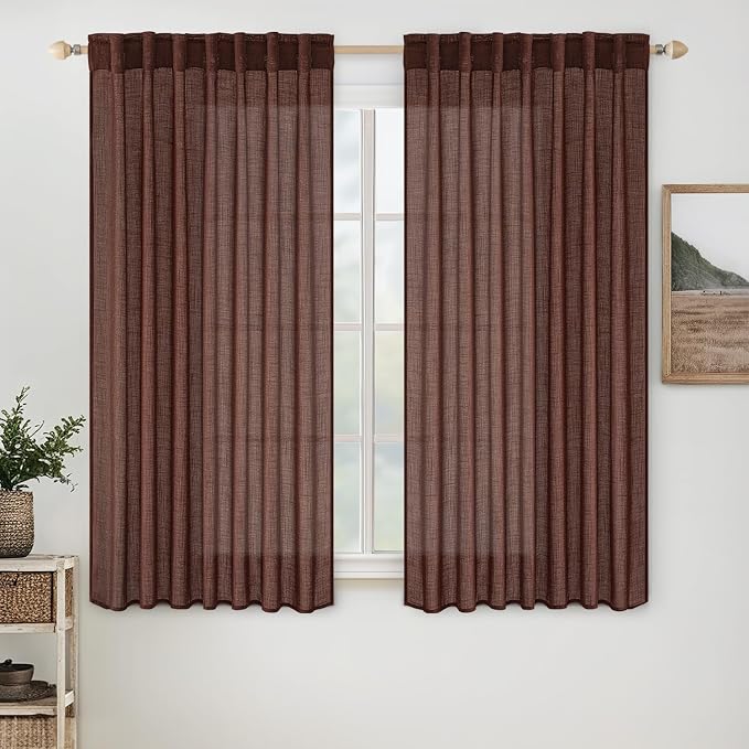 MIULEE Chocolate Brown Linen Curtains 52x54 Inch Long 2 Panels for Bedroom | Living Room, Soft Thick Linen Textured Natural Short Window Drapes, Semi Sheer Light Filtering, Back Tab, Rod Pocket